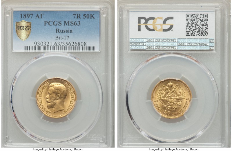 Nicholas II gold 7 Roubles 50 Kopecks 1897-AГ MS63 PCGS, St. Petersburg mint, KM...