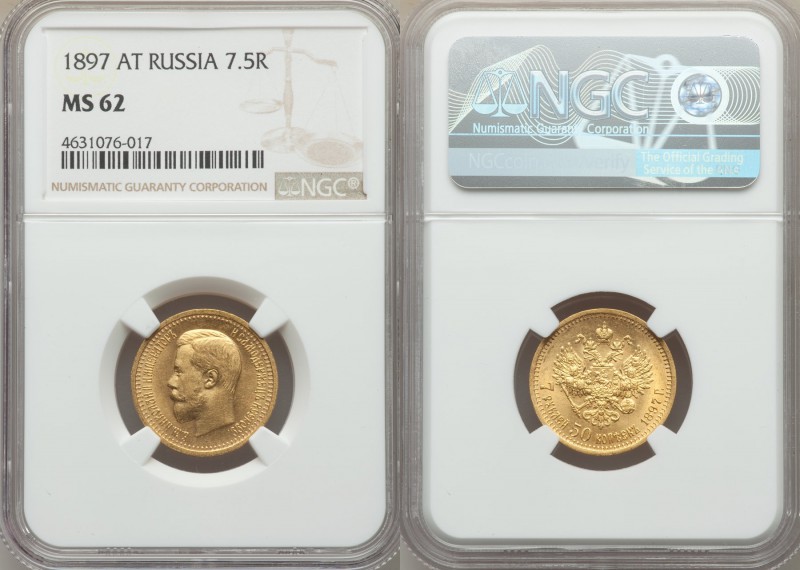 Nicholas II gold 7 Roubles 50 Kopecks 1897-AГ MS62 NGC, St. Petersburg mint, KM-...