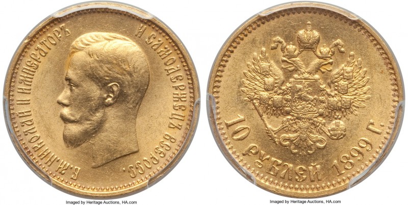 Nicholas II gold 10 Roubles 1899-АГ MS64 PCGS, St. Petersburg mint, KM-Y64. A de...