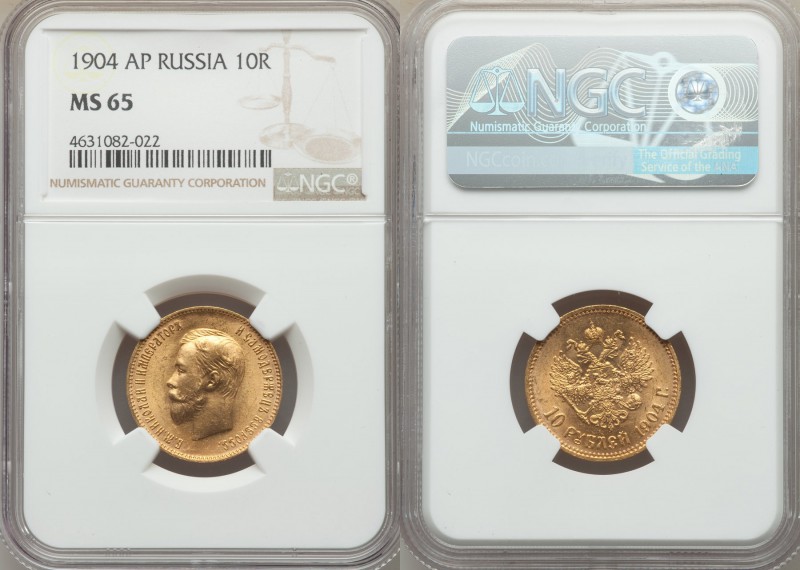 Nicholas II gold 10 Roubles 1904-AP MS65 NGC, St. Petersburg mint, KM-Y64, Bitki...
