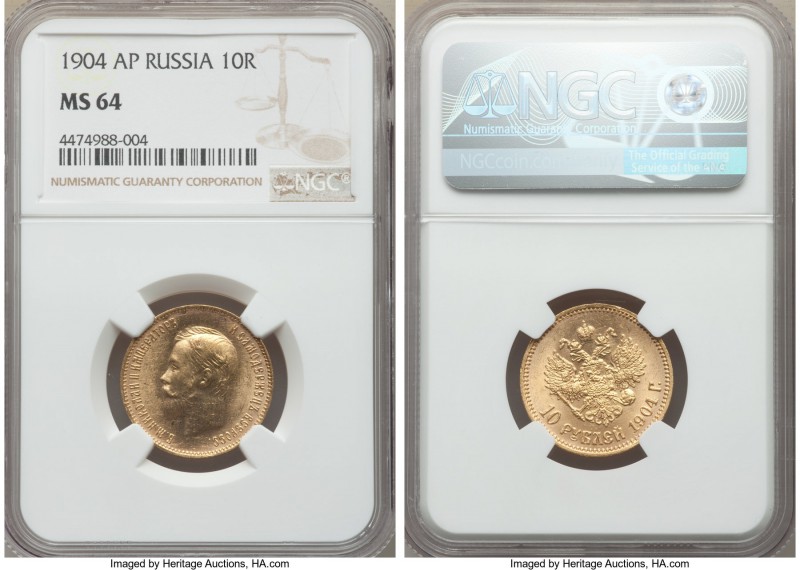 Nicholas II gold 10 Roubles 1904-AI MS64 NGC, St. Petersburg mint, KM-Y64.

HID9...