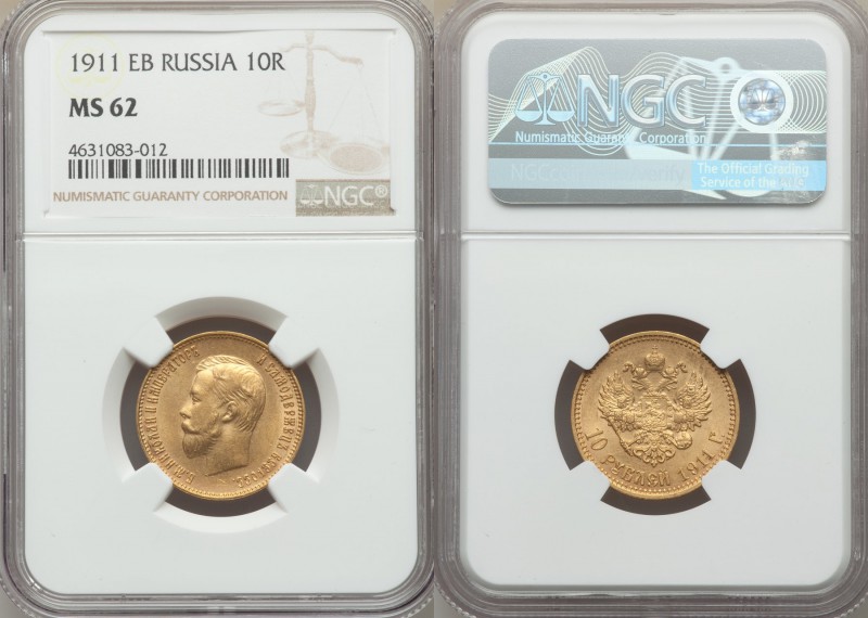 Nicholas II gold 10 Roubles 1911-ЭБ MS62 NGC, St. Petersburg mint, KM-Y64, Bitki...