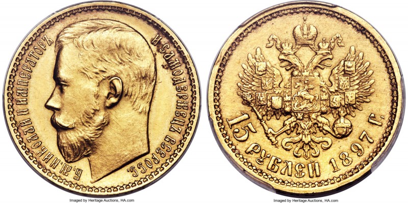 Nicholas II gold 15 Roubles 1897-AΓ MS63 PCGS, St. Petersburg mint, KM-Y65.2.

H...