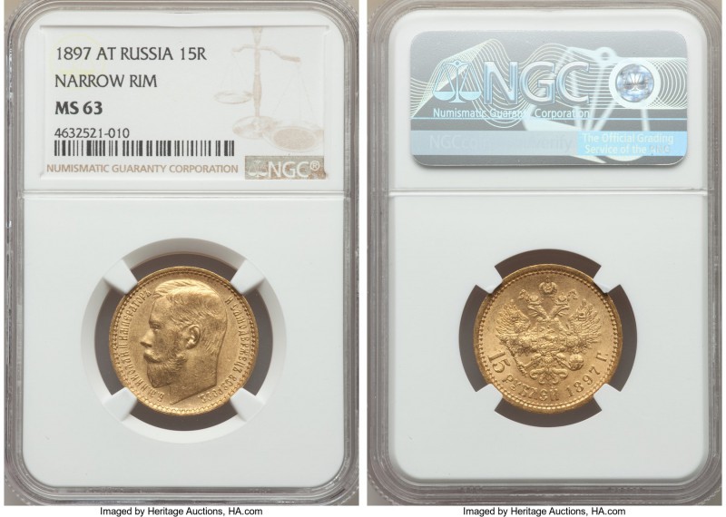 Nicholas II gold 15 Roubles 1897-AГ MS63 NGC, St. Petersburg mint, KM-Y65.2. Nar...