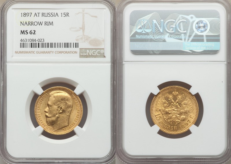 Nicholas II gold 15 Roubles 1897-AГ MS62 NGC, St. Petersburg mint, KM-Y65.2. Nar...