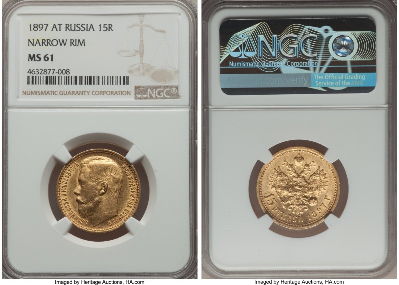 Nicholas II gold 15 Roubles 1897-AГ MS61 NGC, St. Petersburg mint, KM-Y65.2. Nar...