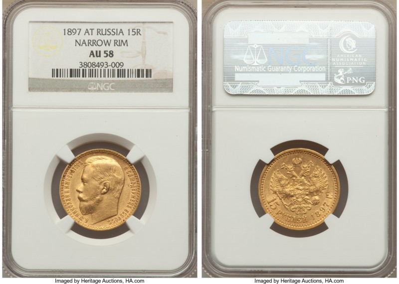 Nicholas II gold 15 Roubles 1897-AГ AU58 NGC, St. Petersburg mint, KM-Y65.2. Nar...