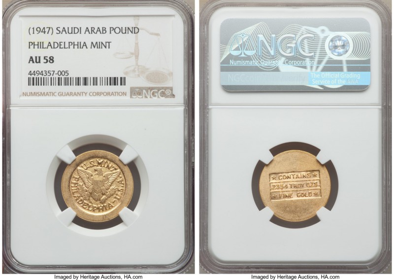 Abd Al-Aziz bin Sa'ud gold Pound (Sovereign) ND (1947) AU58 NGC, Philadelphia mi...