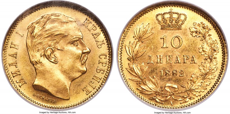 Milan I gold 10 Dinara 1882-V MS65 NGC,  Vienna mint, KM16. A breathtaking gem, ...