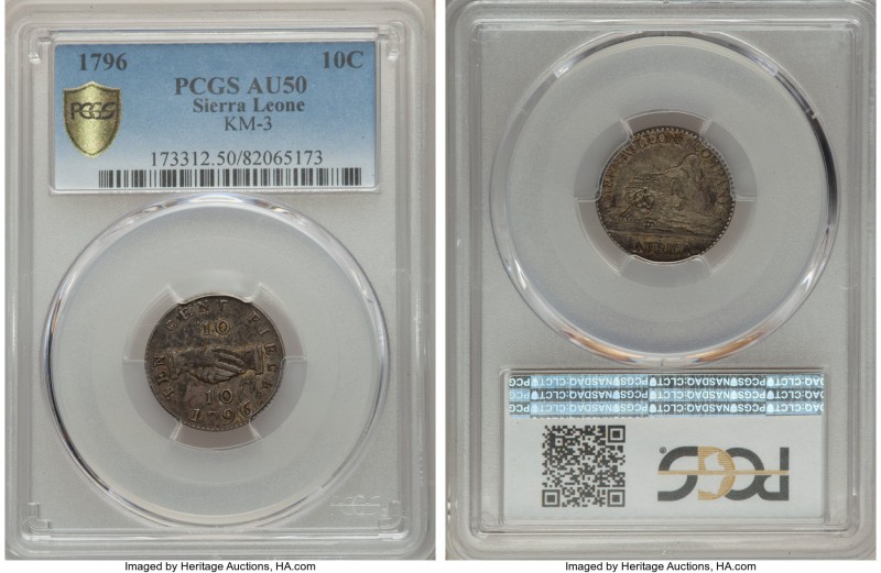 British Colony. Sierra Leone Company silver 10 Cents 1796 AU50 PCGS, KM3. With v...