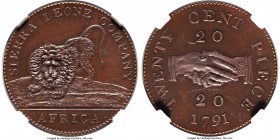 British Colony. Sierra Leone Company copper Proof 20 Cents 1791 PR62 Brown NGC, KM4a. A stunning example with a singular appearance, all of the coin's...