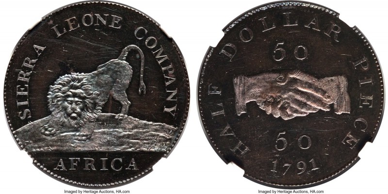 British Colony. Sierra Leone Company copper Proof 50 Cents 1791 PR62 Brown Cameo...