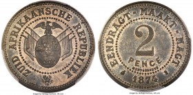 Transvaal. Republic Specimen Pattern 2 Pence 1874 SP65 Brown PCGS, KM-Pn5. Deeply toned to an attractive tan-infused charcoal, with a shadowing of cha...