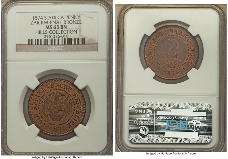 Transvaal. Republic bronze Pattern 2 Pence 1874 MS63 Brown NGC, Brussels mint, K...