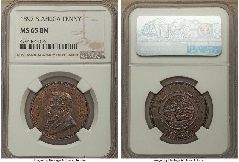 Republic Penny 1892 MS65 Brown NGC, KM2. Pleasantly patinated, with more red hig...