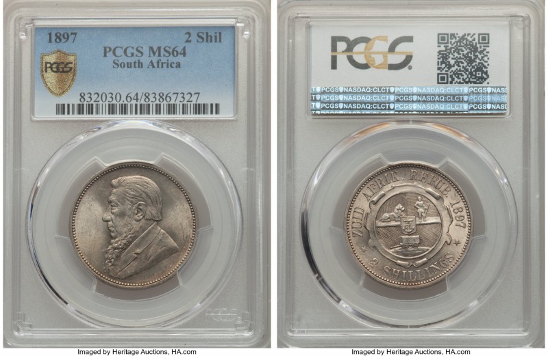 Republic 2 Shillings 1897 MS64 PCGS, KM6. Fully original surfaces with light car...