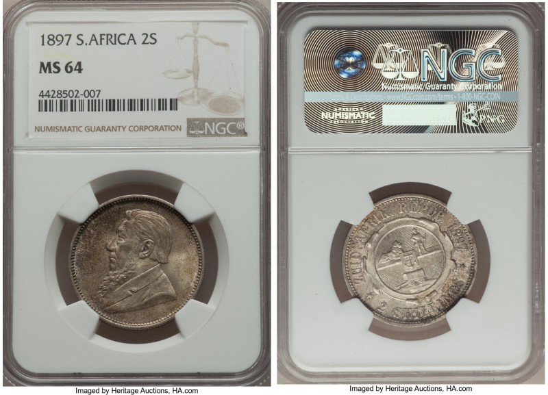 Republic 2 Shillings 1897 MS64 NGC, Pretoria mint, KM6. A typically quite common...