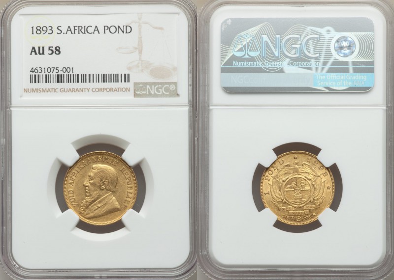Republic gold Pond 1893 AU58 NGC, Pretoria mint, KM10.2. Fully original surfaces...
