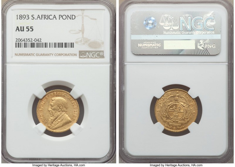 Republic gold Pond 1893 AU55 NGC, Pretoria mint, KM10.2. Lightly worn, but with ...