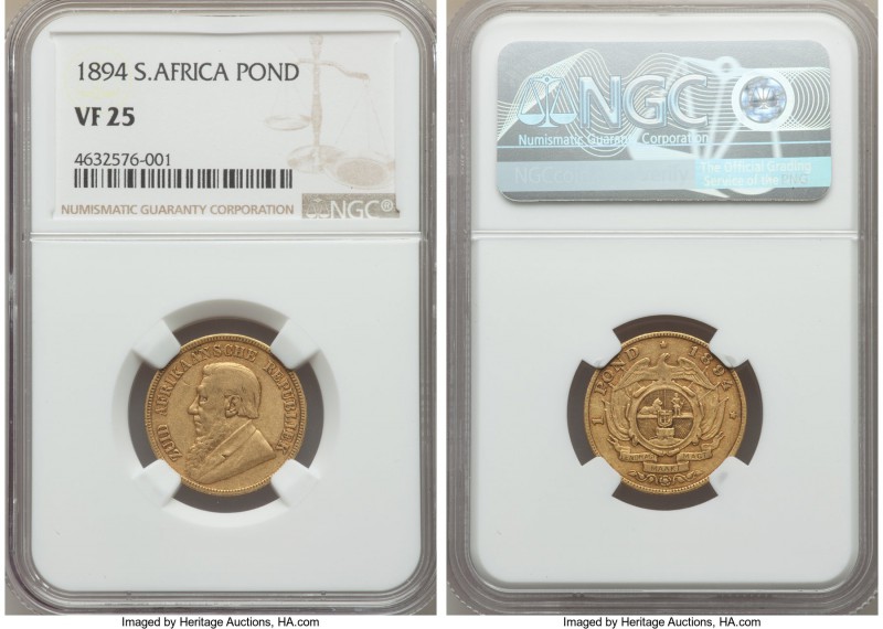 Republic gold Pond 1894 VF25 NGC, Pretoria mint, KM10.2, Fr-2. Always sought and...