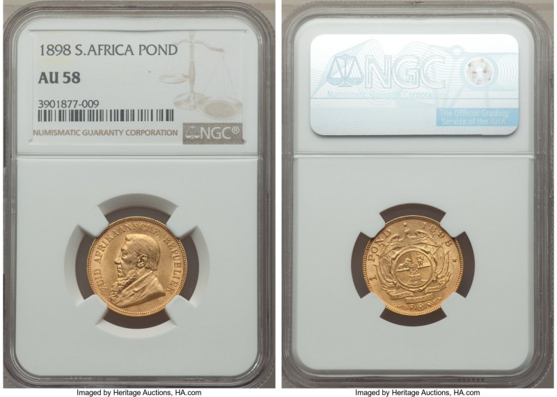 Republic gold Pond 1898 AU58 NGC, Pretoria mint, KM10.2. Attractive, with nearly...