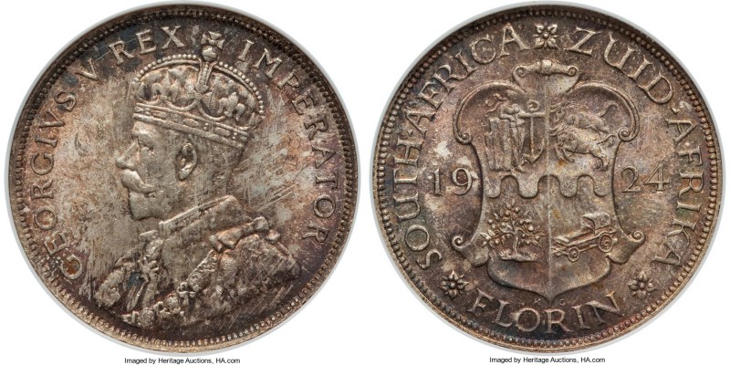 George V Florin 1924 MS64 NGC, KM18. Exhibiting a lovely mottled iridescence thr...