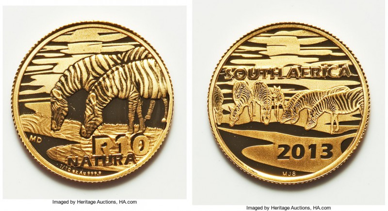 Republic 3-Piece gold "Natura" 10 Rand Proof Set 2011-2013,  1) "Meerkat" 10 Ran...