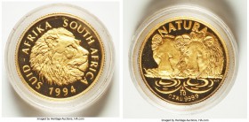 Republic 4-Piece gold & silver "Lion of Africa" Natura Proof Set 1994, 1) silver Rand, KM167 2) gold 1/10 Ounce, KM189 3) gold 1/4 Ounce, KM190 4) gol...