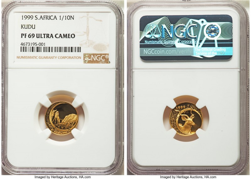 Republic 4-Piece Certified gold "Kudu" Natura Proof Set 1999 NGC, 1) 1/10 Ounce ...