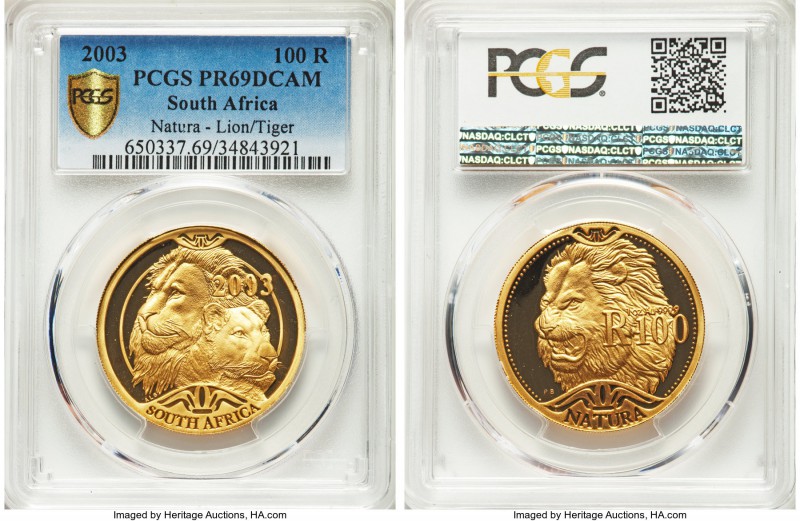 Republic gold Proof "Lion/Tiger" 100 Rand 2003 PR69 Deep Cameo PCGS, Pretoria mi...