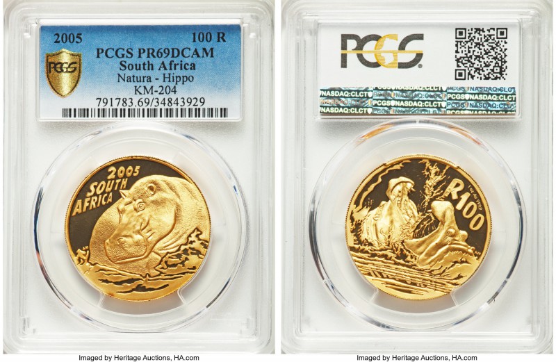 Republic gold Proof "Hippo" 100 Rand 2005 PR69 Deep Cameo PCGS, Pretoria mint, K...