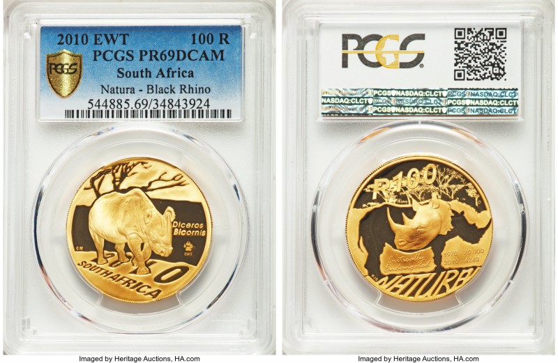Republic gold Proof "Black Rhino" 100 Rand 2010-EWT PR69 Deep Cameo PCGS, KM553....