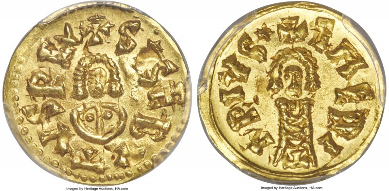 Visigoths. Sisebut (612-621) gold Tremissis ND MS65 PCGS, Emerita mint, CNV-258....