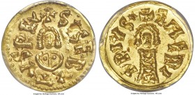 Visigoths. Sisebut (612-621) gold Tremissis ND MS65 PCGS, Emerita mint, CNV-258.10, Miles-192b. "+ SISEBVTVS REx", facing bust / "EMERI | T | ΛPIVS*",...