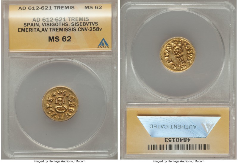 Visigoths. Sisebut (612-621) gold Tremissis ND MS62 ANACS, Emerita mint, Miles-1...
