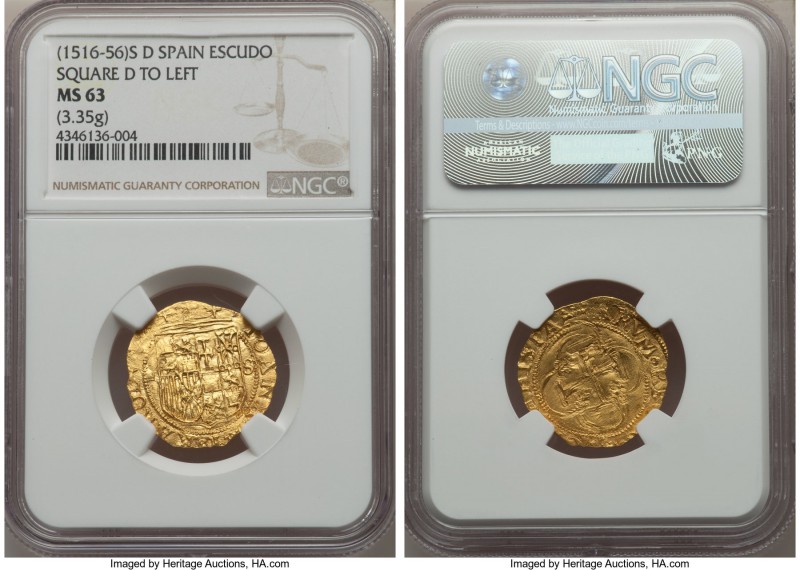 Charles & Johanna (1516-1556) gold Cob Escudo ND S-D MS63 NGC, Seville mint, 3.3...