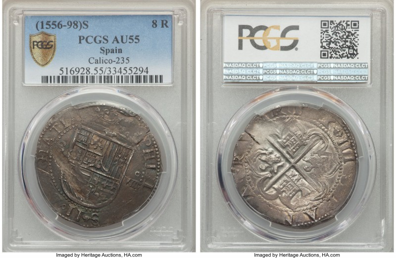 Philip II (1556-1598) 8 Reales ND S AU55 PCGS, Seville mint, Cal-235 (?). Handso...