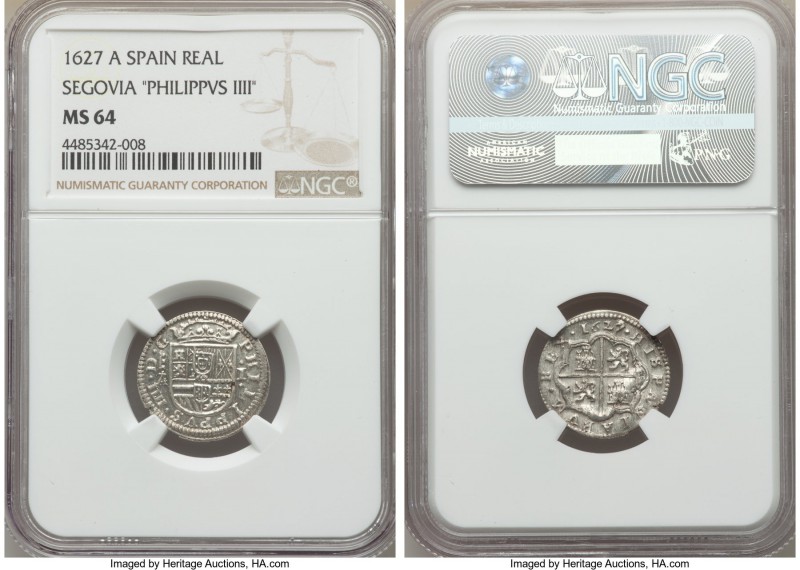 Philip IV Real 1627 (Aqueduct)-A MS64 NGC, Segovia mint, KM92, Cal-1078. An abso...