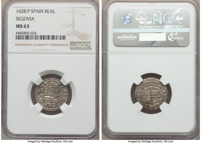 Philip IV Real 1628 (Aqueduct)-P MS63 NGC, Segovia mint, KM92, Cal-1081. Absolut...