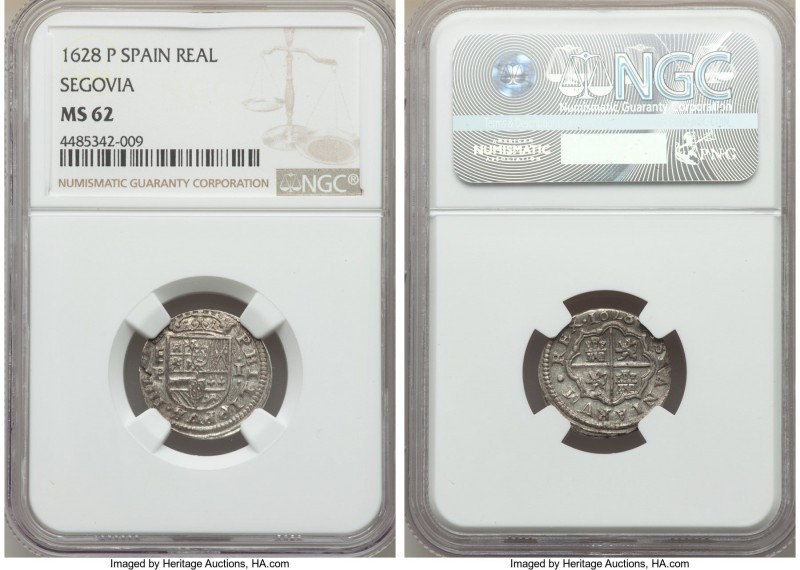 Philip IV Real 1628 (Aqueduct)-P MS62 NGC, Segovia mint, KM92, Cal-1081. Highly ...