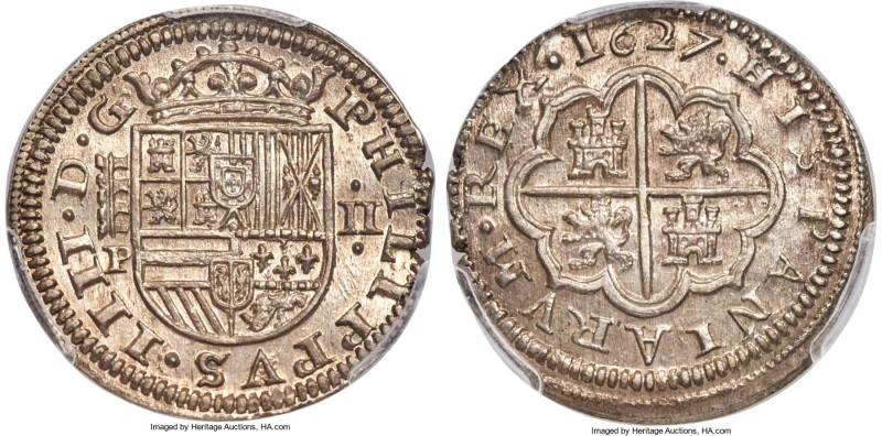 Philip IV 2 Reales 1627 (Aqueduct)-P MS64 PCGS, Segovia mint, KM83.1, Calico-932...