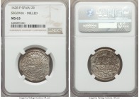 Philip IV 2 Reales 1628 (Aqueduct)-P MS63 NGC, Segovia mint, KM83.1, Cal-933. Incredibly pristine and undeniably choice, clearly struck from highly po...