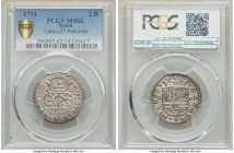 Archduke Charles III of Austria Pretender 2 Reales 1711 MS62 PCGS, Barcelona mint, KM-PT5, Cal-27. The only example of the type certified by PCGS, and...