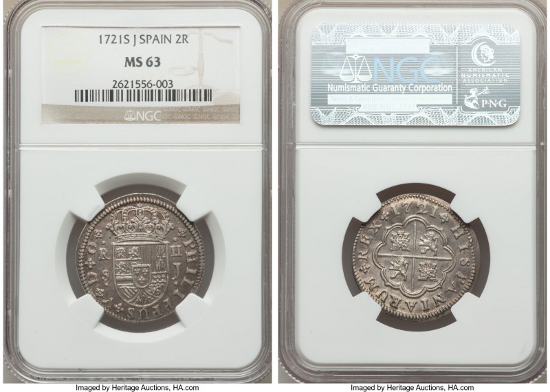 Philip V 2 Reales 1721 S-J MS63 NGC, Seville mint, KM307. Attractively toned and...