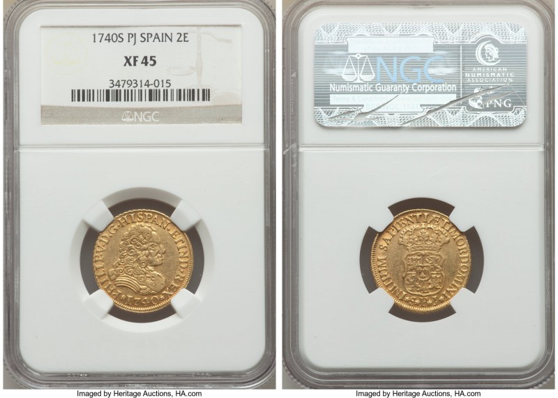 Philip V gold 2 Escudos 1740 S-PJ XF45 NGC, Seville mint, KM353. Extremely prese...