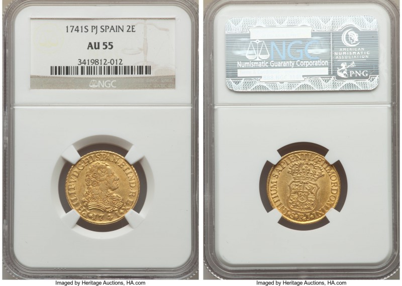 Philip V gold 2 Escudos 1741 S-PJ AU55 NGC, Seville mint, KM353. Remarkably diff...