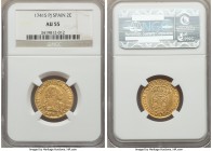 Philip V gold 2 Escudos 1741 S-PJ AU55 NGC, Seville mint, KM353. Remarkably difficult to procure so close to Mint State, and with only very minor sign...