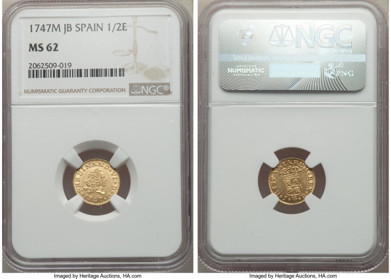 Ferdinand VI gold 1/2 Escudo 1747 M-JB MS62 NGC, Madrid mint, KM372. A truly exc...