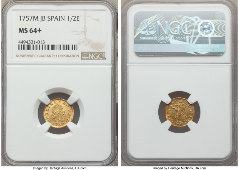 Ferdinand VI gold 1/2 Escudo 1757 M-JB MS64+ NGC, Madrid mint, KM378. Pleasing d...