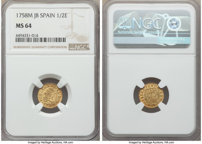 Ferdinand VI gold 1/2 Escudo 1758 M-JB MS64 NGC, Madrid mint, KM378. Struck from...